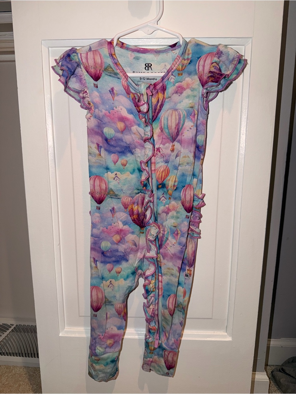 Ruffled Hot Air Balloon Kids Footie Pajamas in Pastel Rainbow
